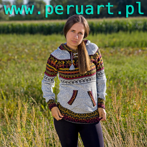 SWETER Z WEŁNY ALPAKI DAMSKIE Z KAPTUREM PERU