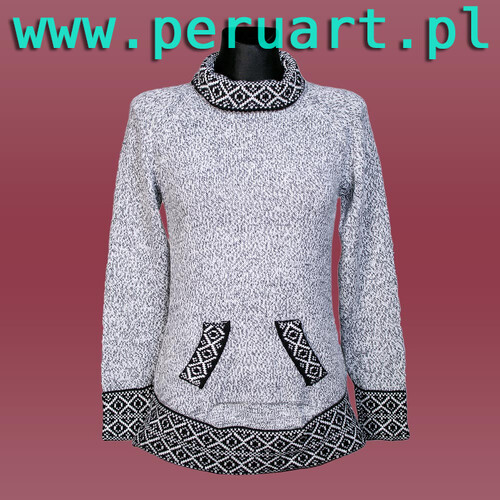 SWETER BOHO Z WEŁNY ALPAKI SREBRNY